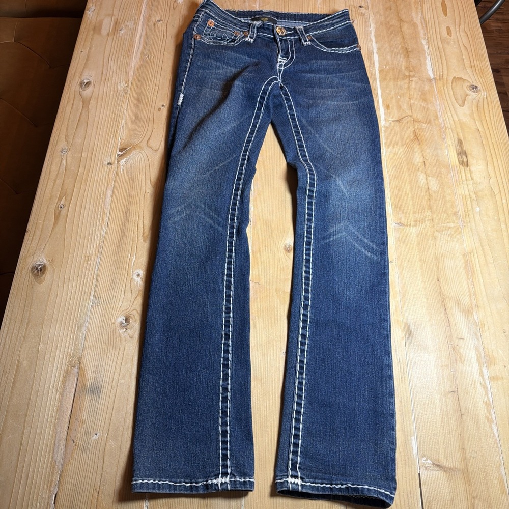 True Religion Billy Super T Straight Leg Jeans Dark Wash White Stitch Size 27